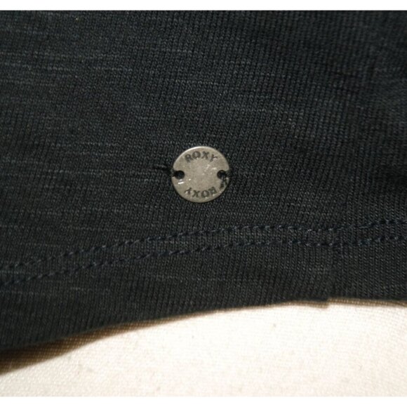 Roxy Black Cropped Knit Rib Top Size L Short Ruffle Sleeve Ruched Tie Up V-Neck - Picture 7 of 11